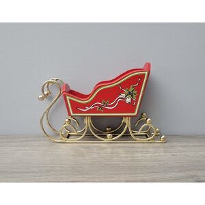 VTG Naturaltrim Red Wooden Decorative Christmas Sleigh Gold Tone Runners Bells